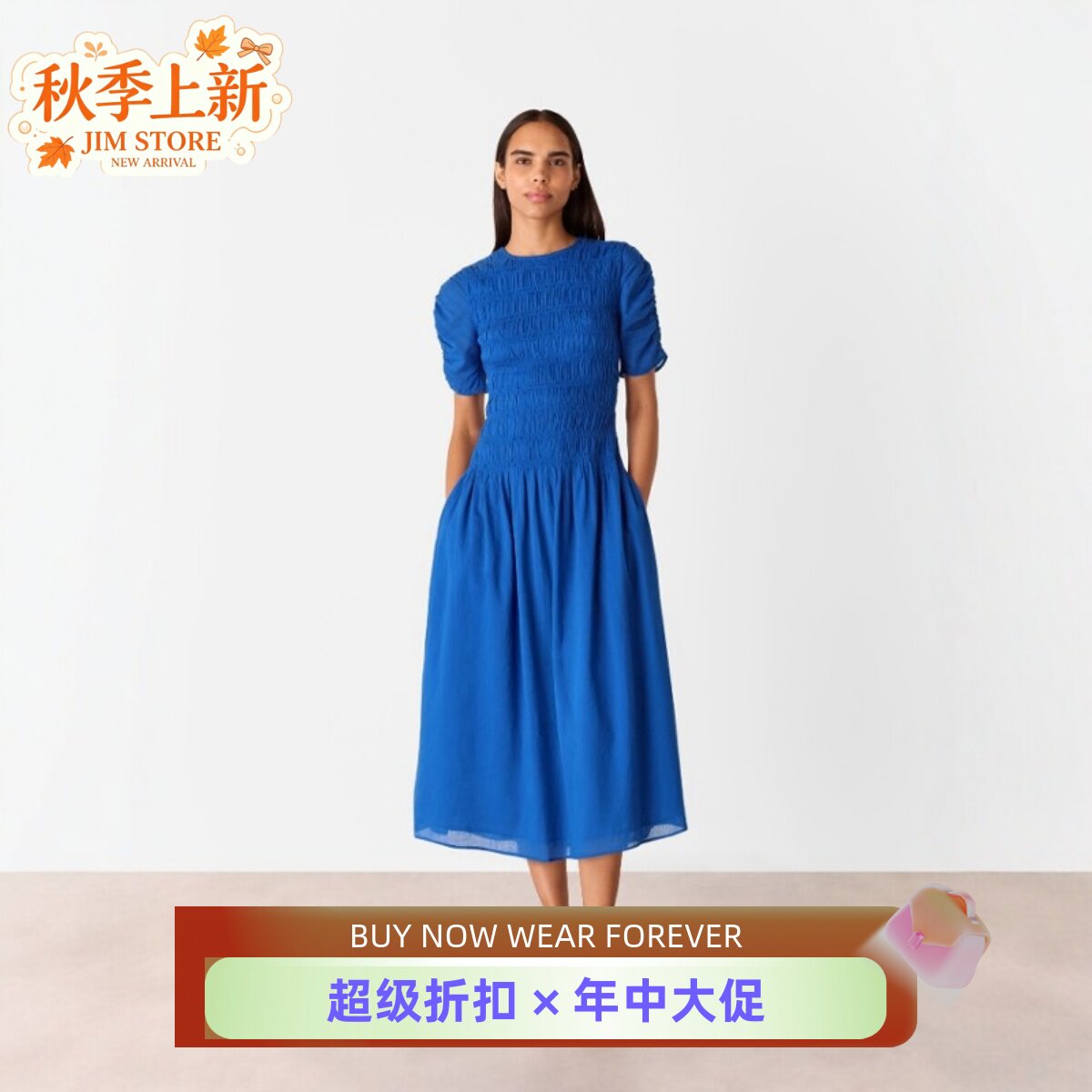WHISTLES短袖蓝色连衣裙休闲茶歇裙中长纯色褶皱弹力设计修身百搭