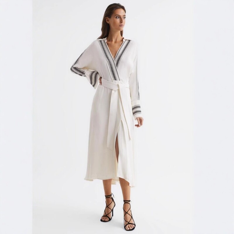 REISS长袖连衣裙衬衫裙白色中长系带修身V领条纹简约大气优雅气质