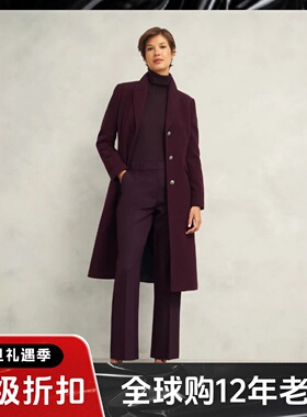 HOBBS酒红羊毛毛呢大衣外套中长款西服领纯色气质英伦百搭舒适