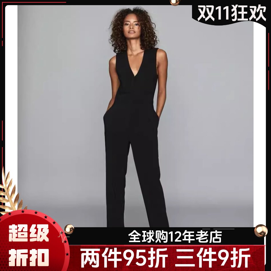 REISS连体裤连衣裤马甲上衣黑色长裤无袖V领高腰干练OL通勤显瘦