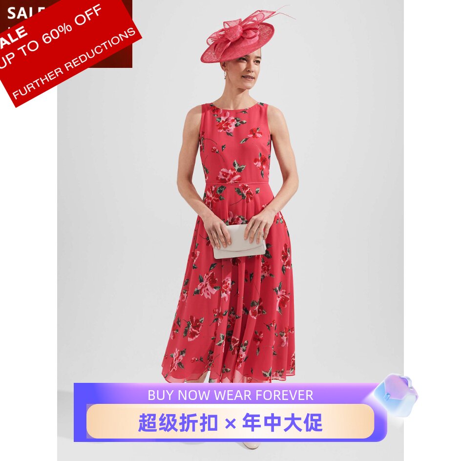 HOBBS粉红印花连衣裙优雅英伦