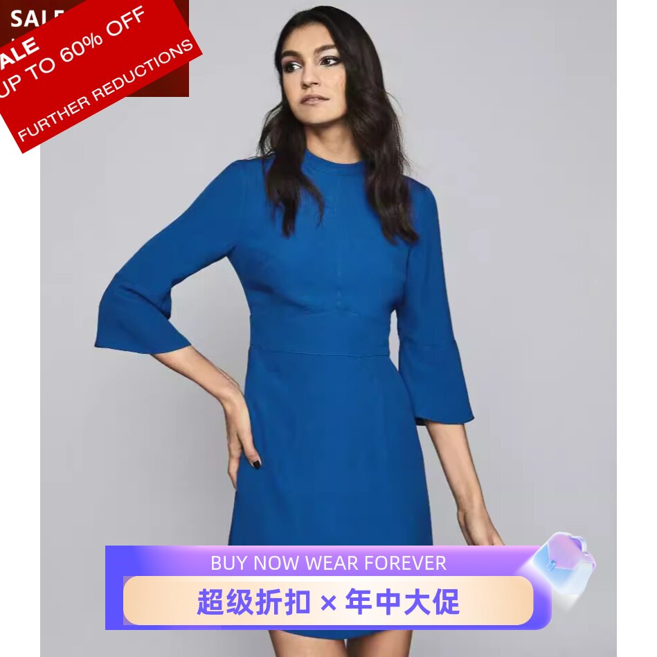 REISS蓝色五分袖飘带连衣裙