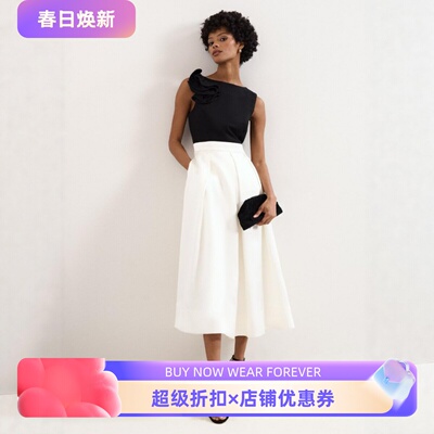 Phase Eight无袖连衣裙礼服裙中长款黑白拼色假两件立体花朵显瘦
