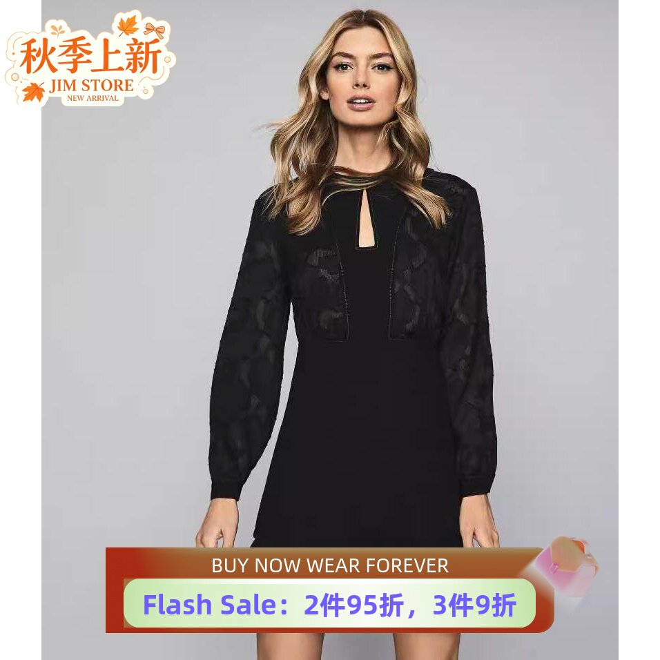 REISS长袖连衣裙黑色镂空刺绣