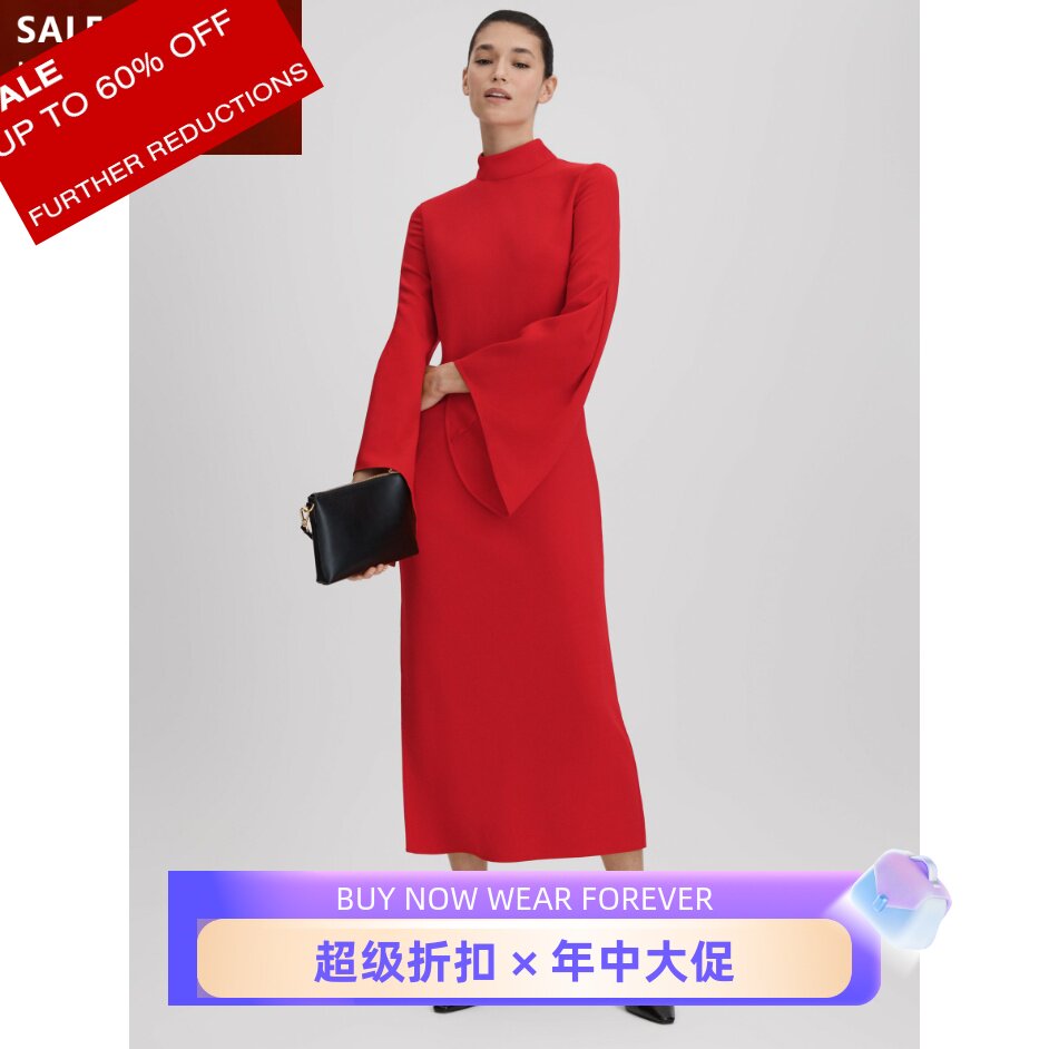 REISS红色连衣裙礼服裙中长裙纯色侧开衩喇叭袖半高领优雅大气