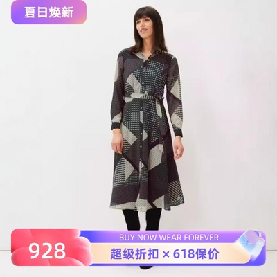 Phase Eight长袖连衣裙衬衫裙中长藏蓝系带格纹拼接气质英伦百搭