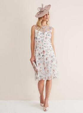 Phase Eight淡粉刺绣碎花连衣裙纱网高腰配腰带清新简约淑女风