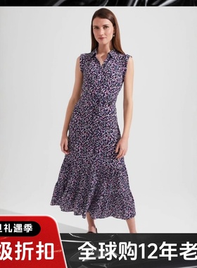 HOBBS连衣裙衬衫裙中长波点印花蓝紫色无袖高腰修身优雅英伦淑女