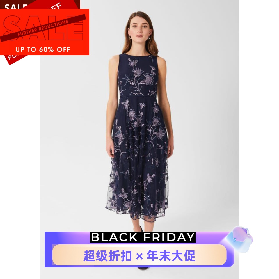 HOBBS蓝色刺绣印花连衣裙