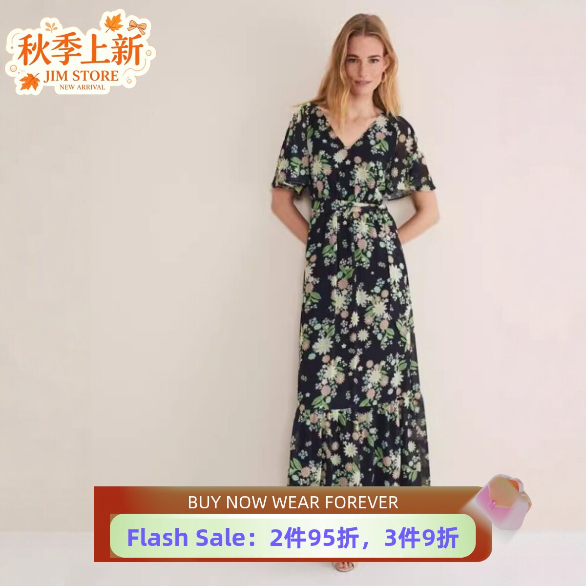 Phase Eight连衣裙短袖长裙雪纺纱网藏蓝碎花系带优雅英伦淑女风