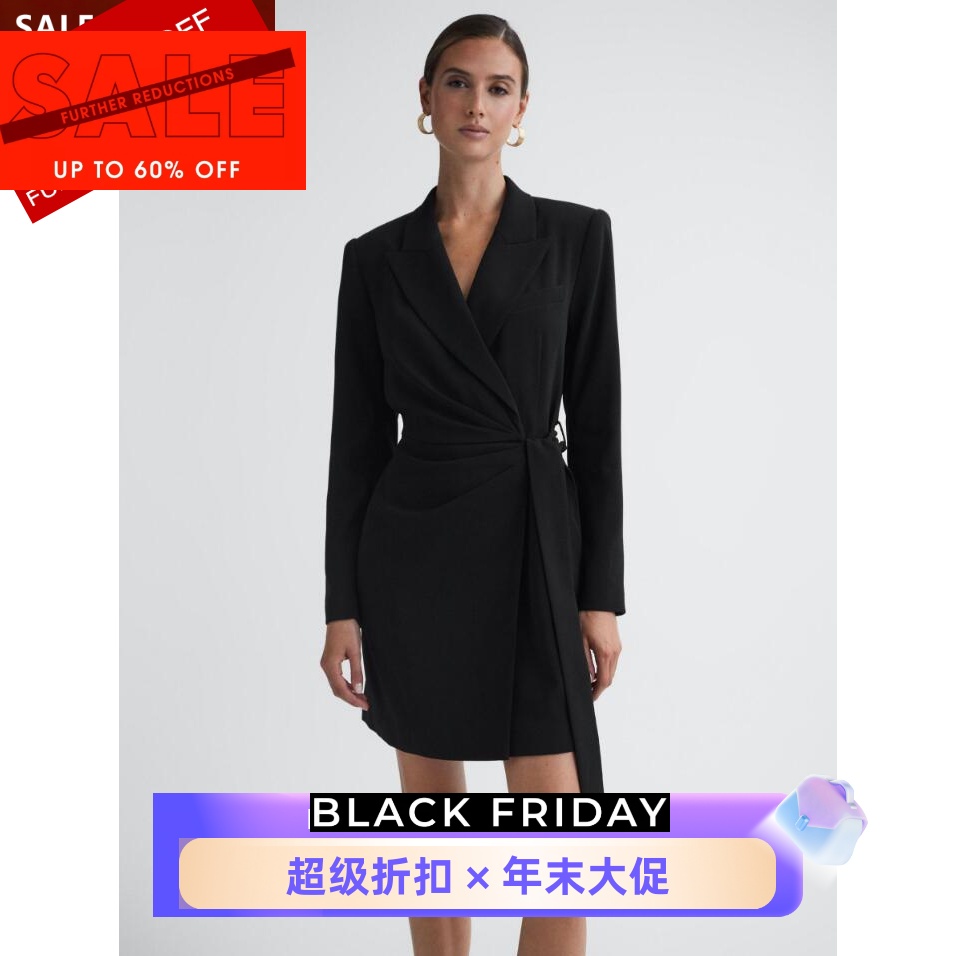REISS黑色包臀西服裙裹腰系带