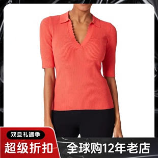 HOBBS橘红色五分袖针织上衣V领POLO领竖坑条简约气质百搭通勤修身