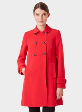 HOBBS秋冬新款双排扣大衣外套红色常规款翻领淑女简约英伦通勤OL