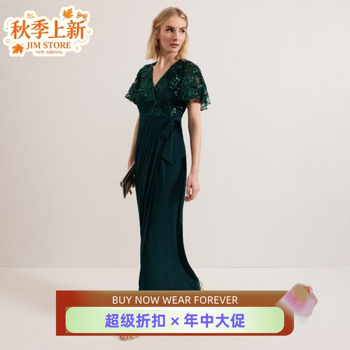 Phase Eight短袖假两件礼服裙长裙亮片装饰高腰褶皱系带优雅英伦