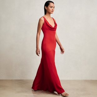 REISS红色堆堆领礼服裙连衣裙长裙纯色无袖简约大气名媛风修身