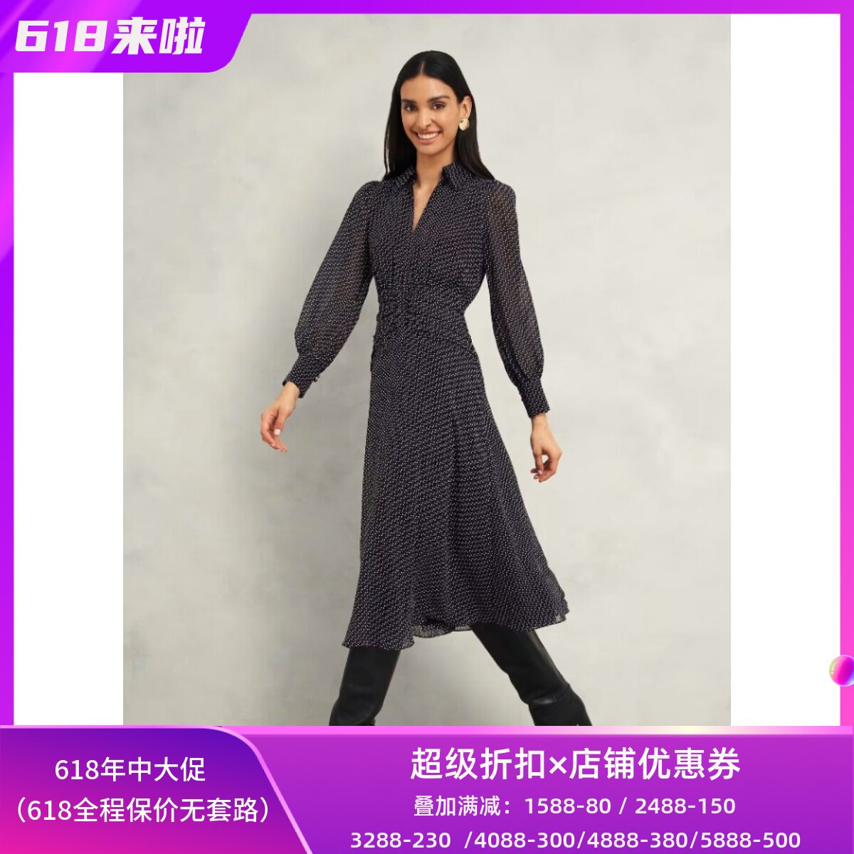 HOBBS长袖连衣裙中长衬衫领黑底波点衬衫领这种修身优雅英伦百搭
