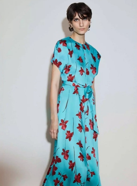 HOBBS连衣裙浅蓝印花碎花中长系带简约大气休闲气质百搭日常通勤