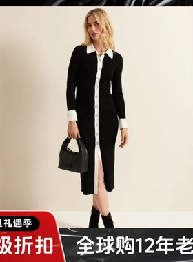 Phase Eight长袖连衣裙中长款H型衬衫领白色拼色优雅大气显瘦修身