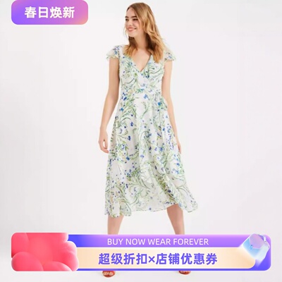 Phase Eight短袖雪纺连衣裙中长A字修身白底碎花印花优雅清新淑女