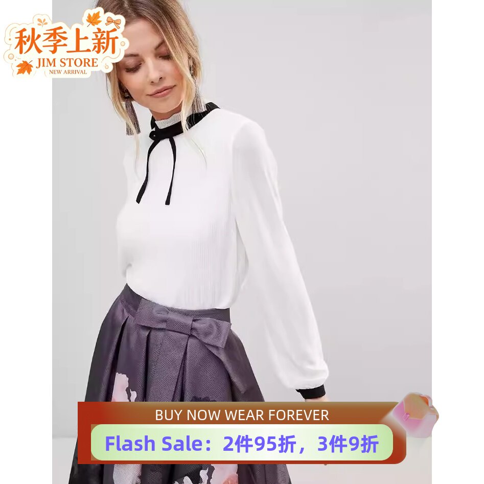 TED BAKER长袖白衬衣衬衫百褶黑色缝边蝴蝶系带优雅淑女百搭通勤
