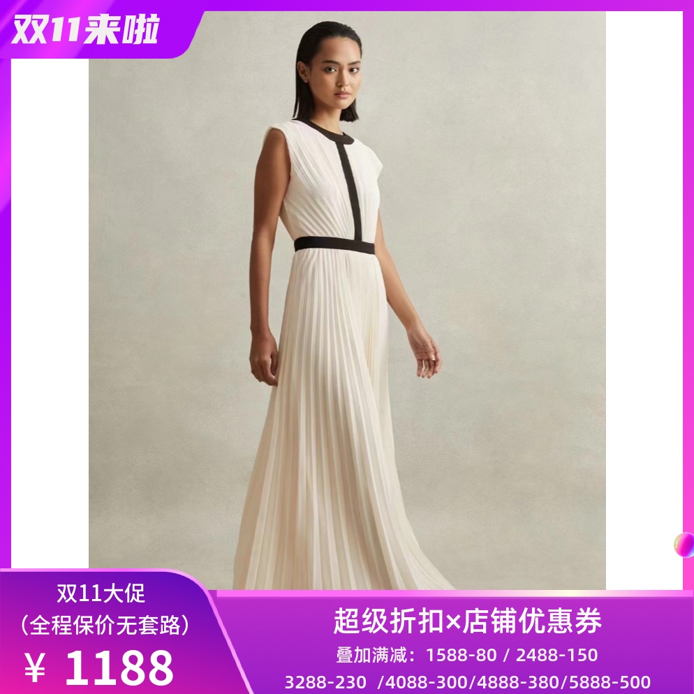 REISS白色百褶露背礼服长裙