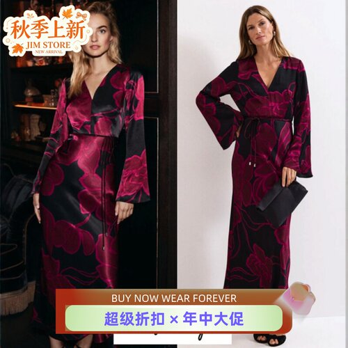 Phase Eight长袖连衣裙礼服裙中长系带V领缎面黑红印花优雅气质