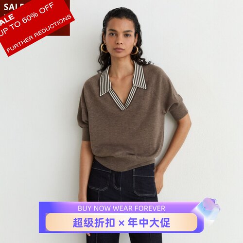 REISS短袖羊毛针织衫上衣纯羊毛POLO领松紧衣口简约气质休闲OL风