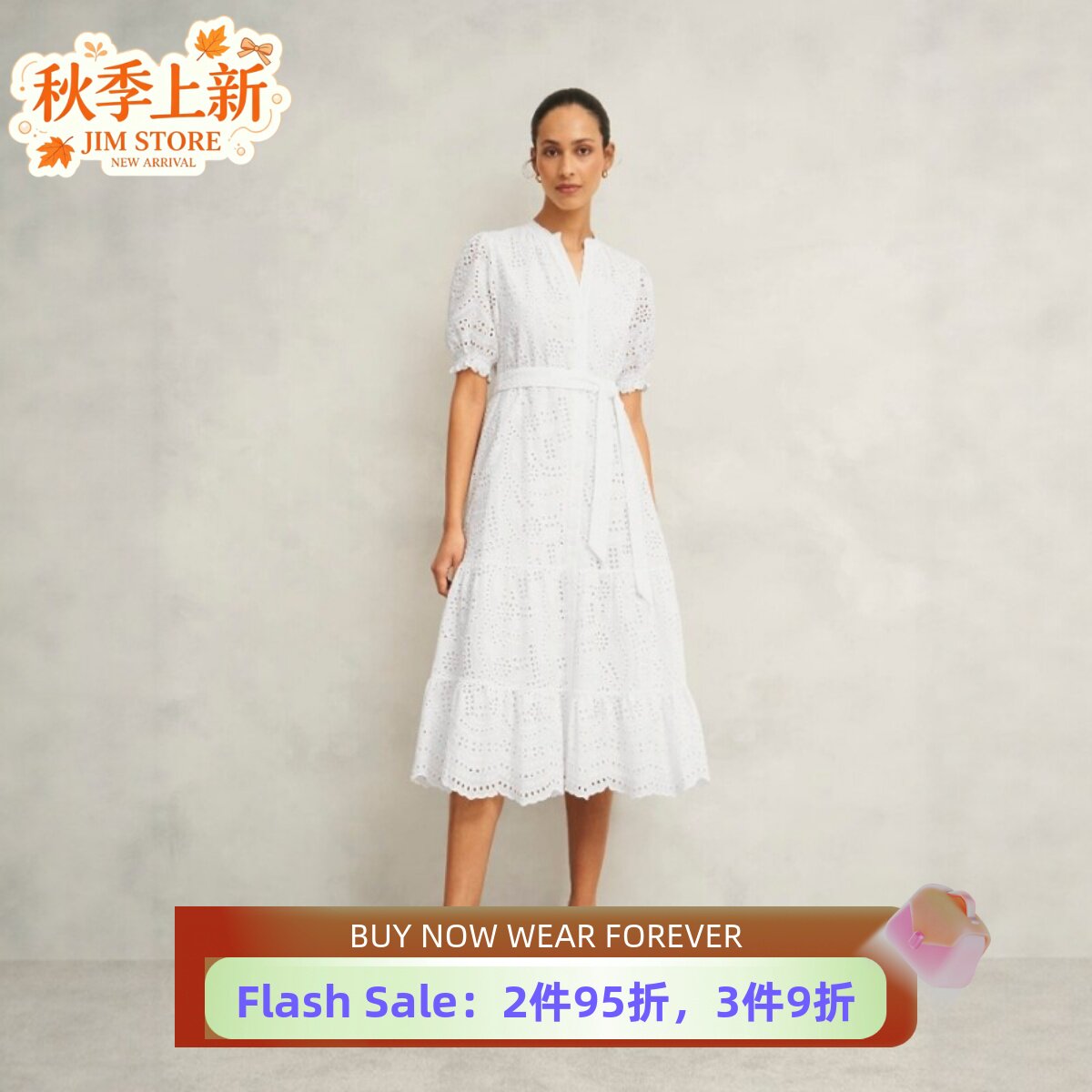 HOBBS白色短袖蕾丝裙中长系带棉质高腰修身清新淑女通勤百搭舒适