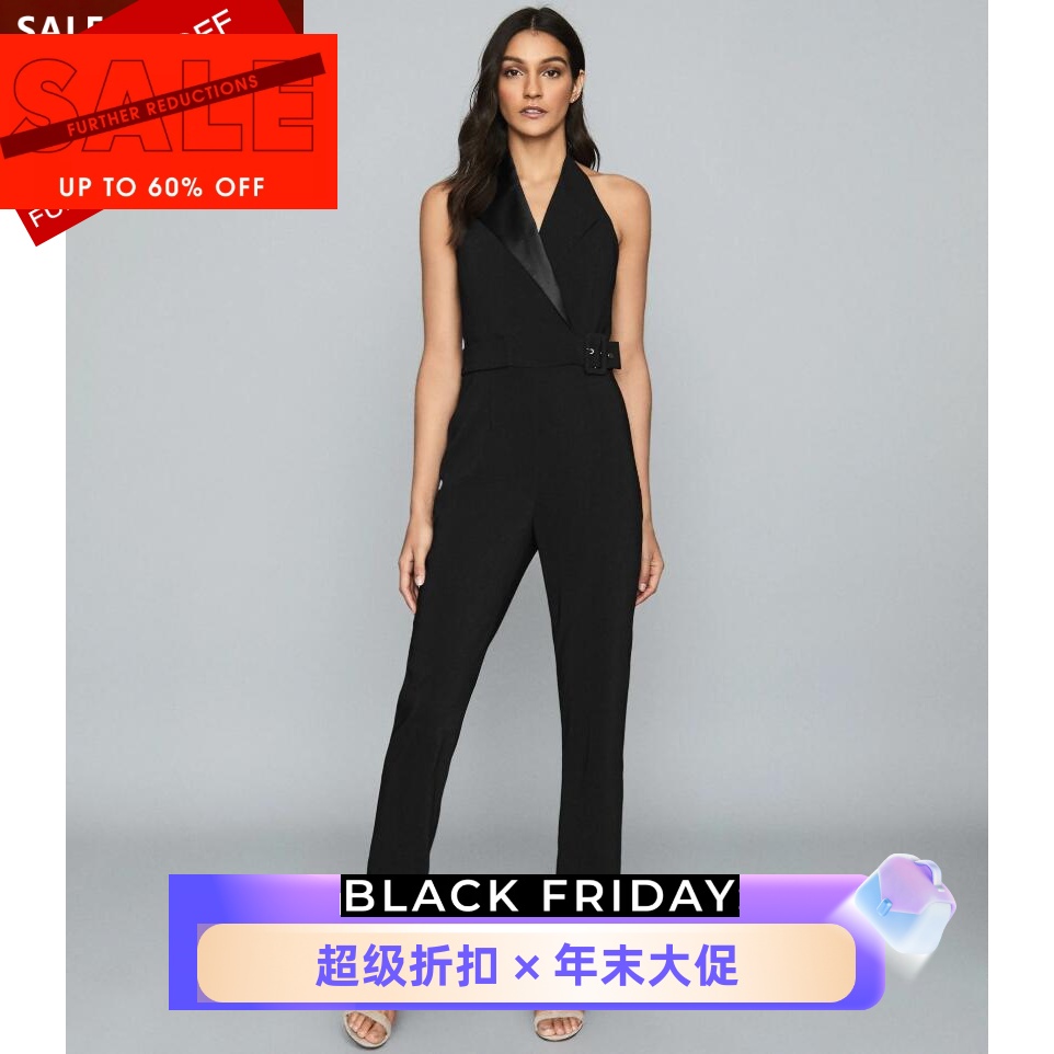 REISS夏季新连体裤连衣裤无袖西服领长裤直筒黑色束腰干练通勤OL