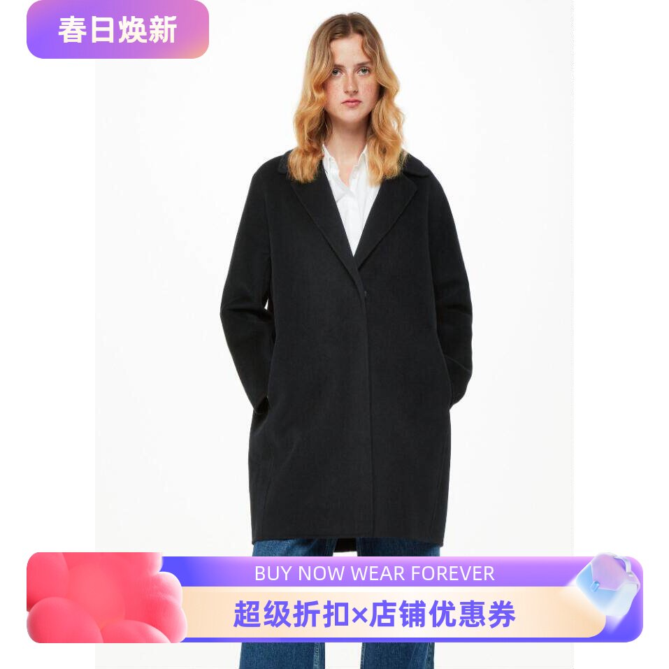 WHISTLES黑色羊毛大衣毛呢大衣外套中长西服领一粒扣简约英伦百搭