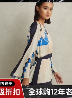 RESS长袖连衣裙浅蓝碎花印花系带飞飞袖气质淑女清新百搭