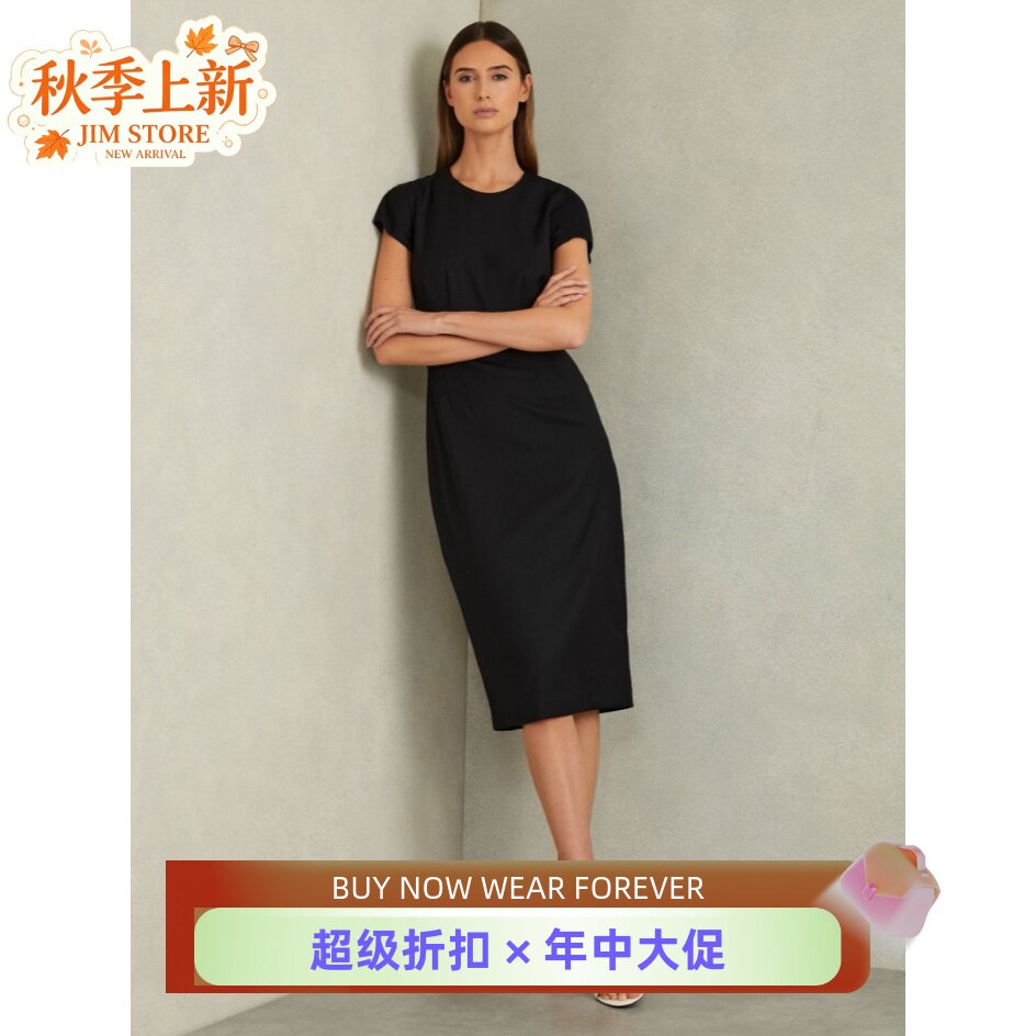 REISS黑色短袖连衣裙包臀裙通勤西服裙纯色中长款修身显瘦干练OL