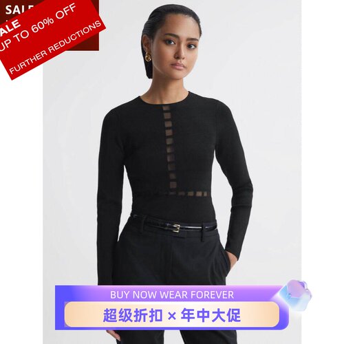 REISS黑色纱网拼接针织上衣通勤