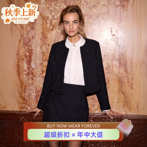 Phase Eight羊毛混纺黑色短外套钉珠圆领大气英伦日常通勤百搭