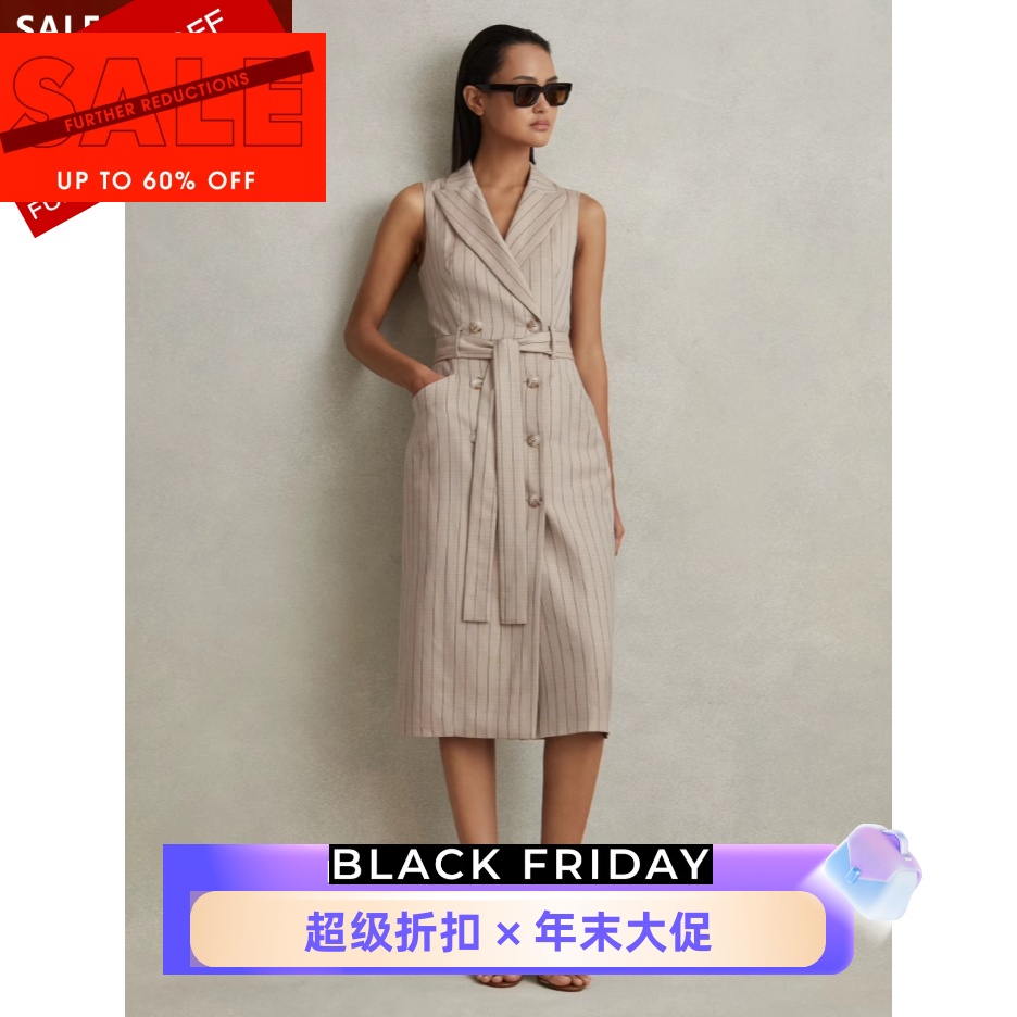 REISS西服领连衣裙包臀裙西服裙双排扣竖条纹中长高腰修身OL风