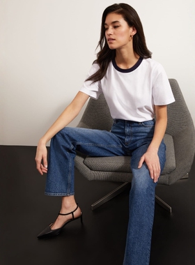 HOBBS白色短袖T恤上衣变色藏蓝领口直筒宽松简约舒适日常百搭