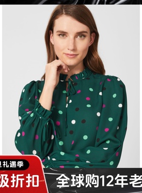 HOBBS长袖衬衫衬衣绿色波点系带装饰复古英伦风百搭休闲
