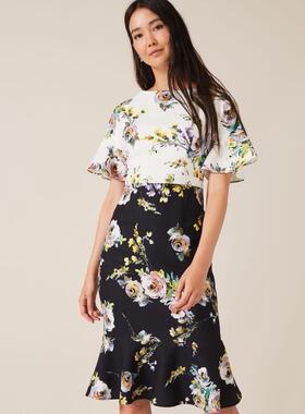 Phase Eight短袖包臀连衣裙鱼尾裙碎花印花拼色优雅通勤OL百搭