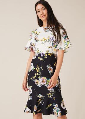 Phase Eight短袖包臀连衣裙鱼尾裙碎花印花拼色优雅通勤OL百搭