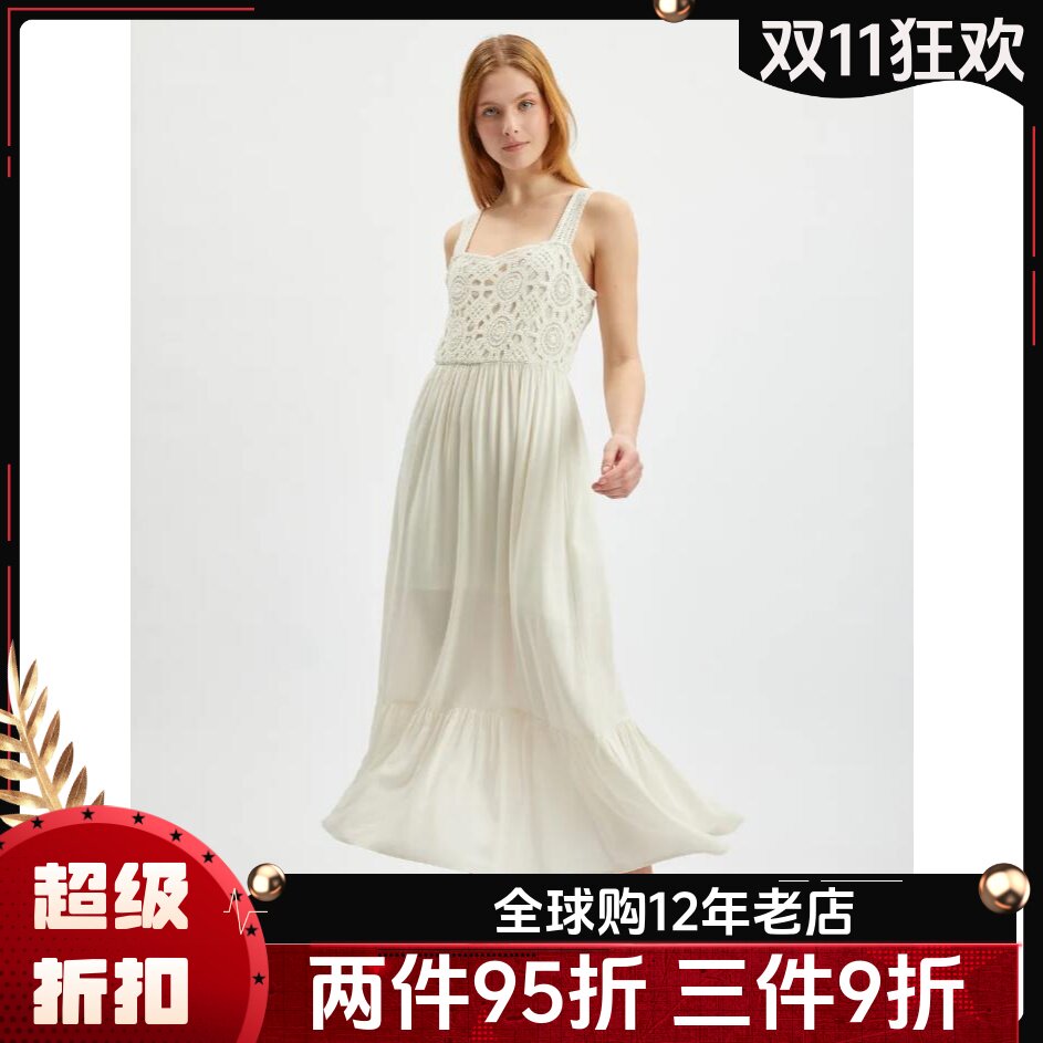 UNI CLOSET夏季乳白连衣裙背心雪纺中长纯色蕾丝拼接飘逸仙女