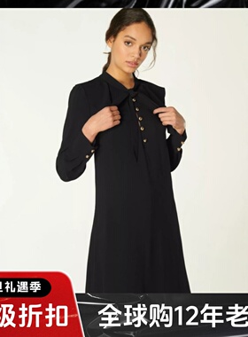 LK BENNETT黑色长袖连衣裙中秋纯色蝴蝶结系带领口纯色优雅显瘦