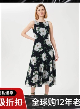 HOBBS连衣裙中长无袖藏蓝白色印花高腰修身优雅英伦风飘逸百搭