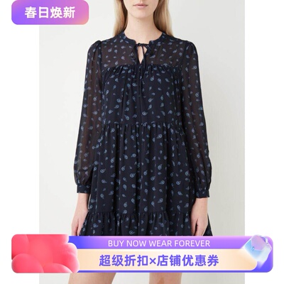 WHISTLES长袖连衣裙纱网秋深蓝印花碎花羽状复古英伦通勤气质百搭