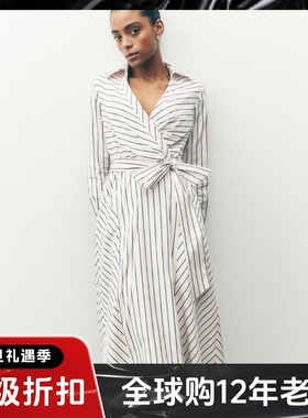 UNI COSET长袖条纹连衣裙衬衫裙裹腰系带中长款简约日常通勤百搭