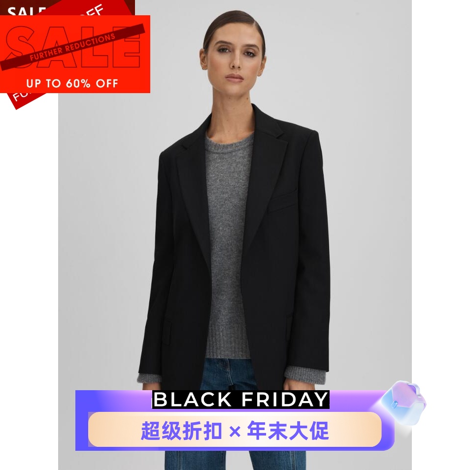 REISS黑色羊毛混纺一粒扣西服