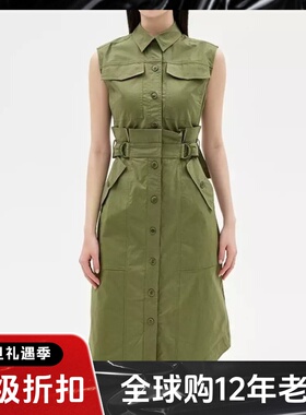 UNI CLOSET连衣裙衬衫裙军绿色微弹棉质系带短款修身百搭英伦