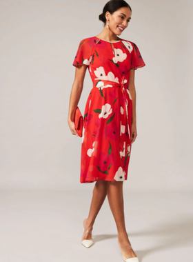 Phase Eight短袖印花连衣裙雪纺系带束腰优雅飘逸气质淑女百搭