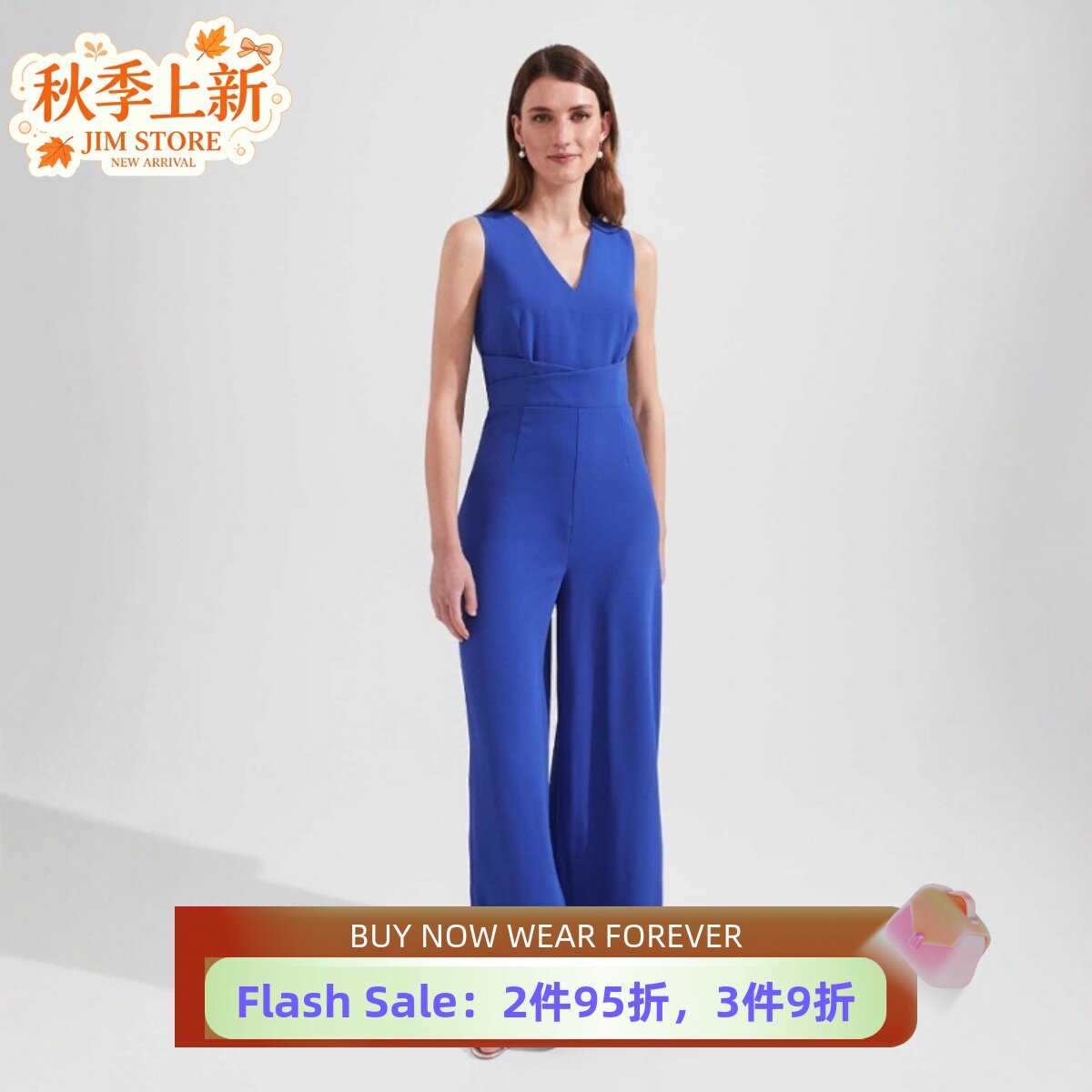 HOBBS钴蓝连体裤连体衣长裤无袖V领裹腰高腰修身简约干练OL百搭
