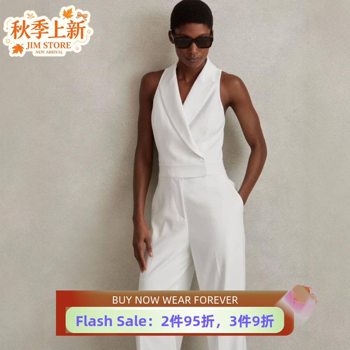 REISS西服领连体裤连体衣白色直筒长裤阔腿无袖高腰修身气质干练