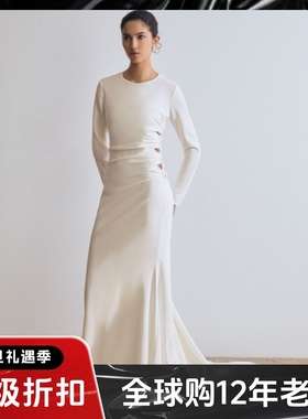 REISS白色长袖礼服裙落地裙纯色修身侧褶皱绑带设计优雅大气名媛